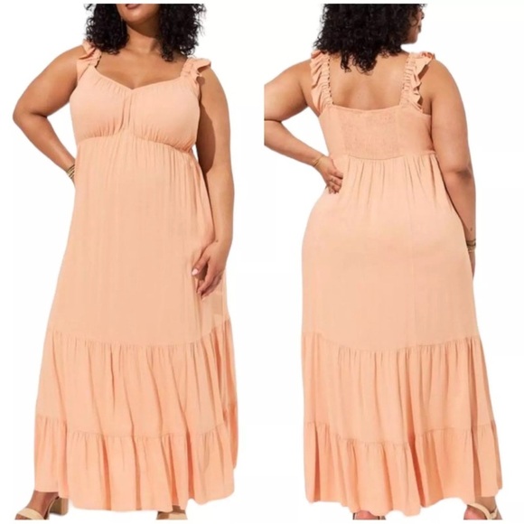 Torrid NWT Slub Ruffle Strap Tiered‎ Maxi Dress Women's 1X Peach Bloom - Picture 1 of 10